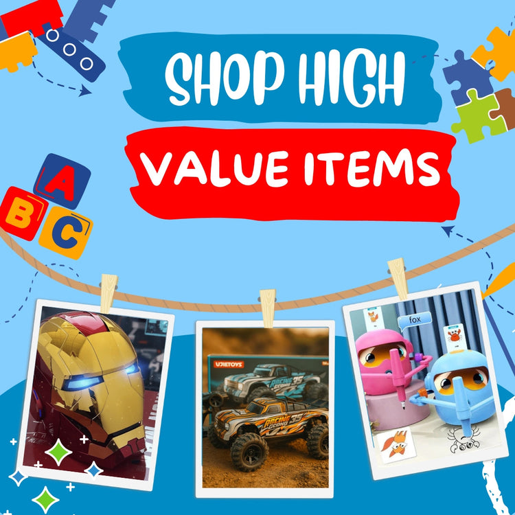 High-value toys in Pakistan including collectible action figures, Barbie dollhouses, RC cars, and educational playsets for kids and collectors.