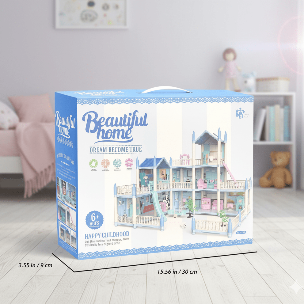 DIY Doll House Villa Set For Kids - Blue - Toynix