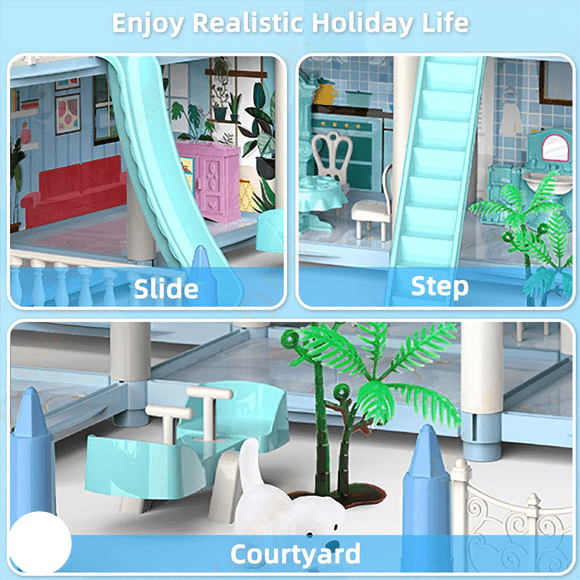 DIY Doll House Villa Set For Kids - Blue - Toynix