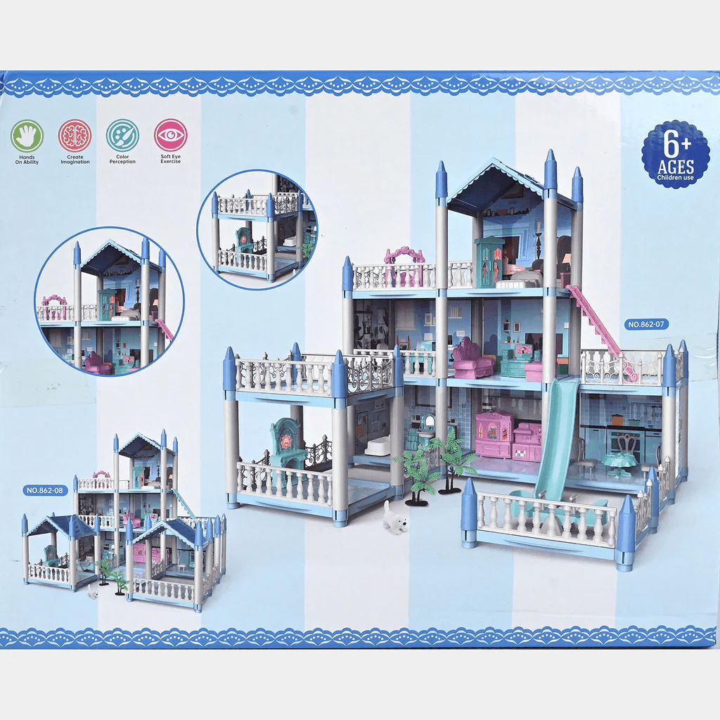 DIY Doll House Villa Set For Kids - Blue - Toynix