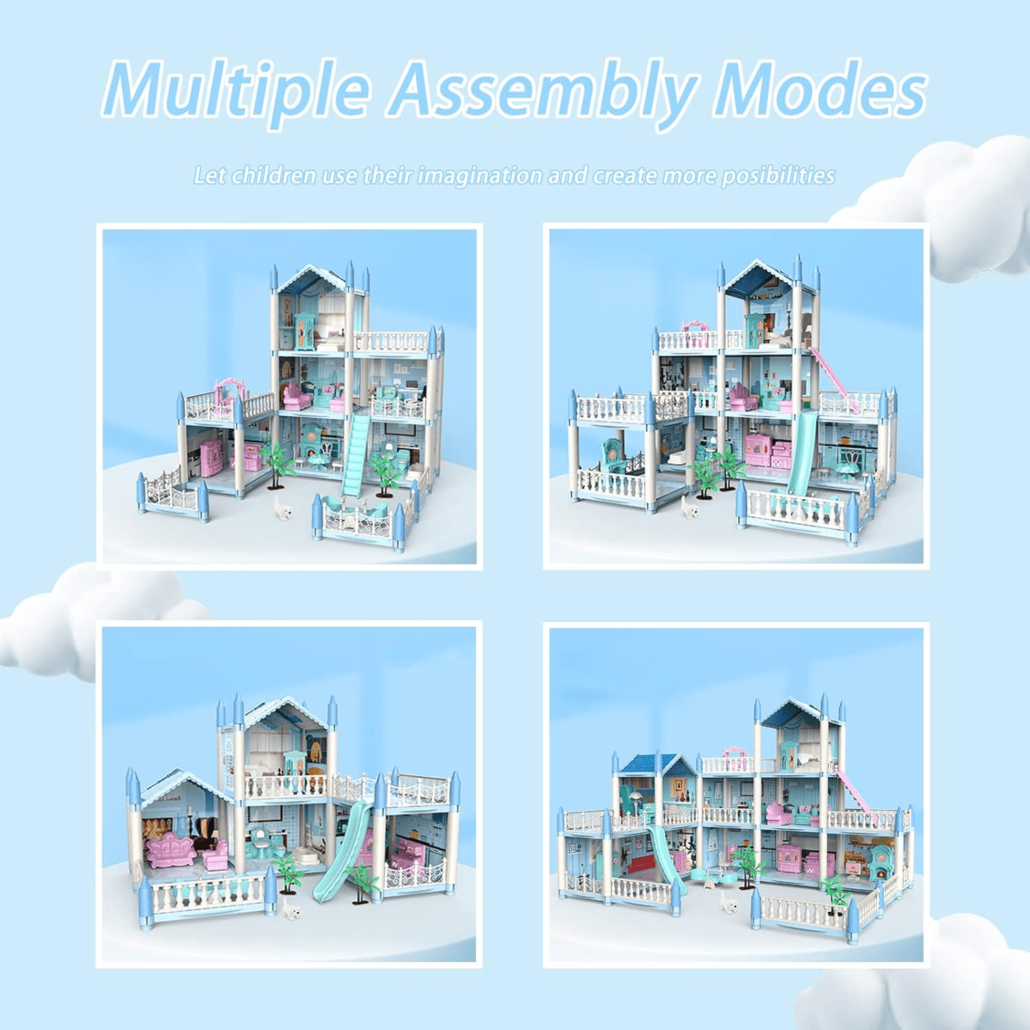 DIY Doll House Villa Set For Kids - Blue - Toynix