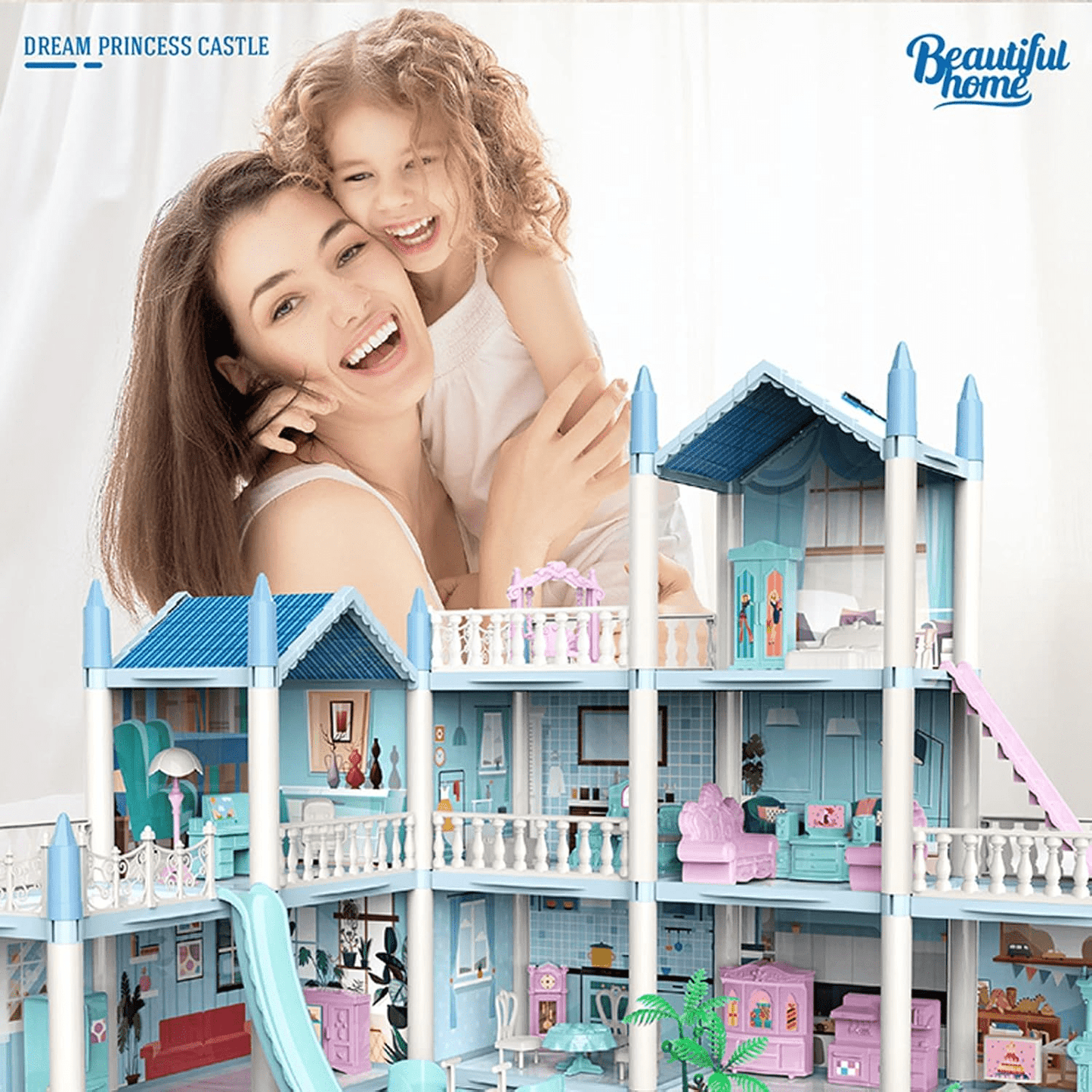 DIY Doll House Villa Set For Kids - Blue - Toynix