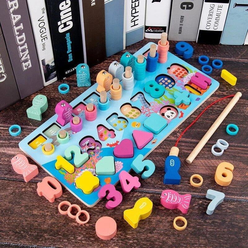 Wooden Montessori Puzzle – Numbers, Letters & Fishing Game