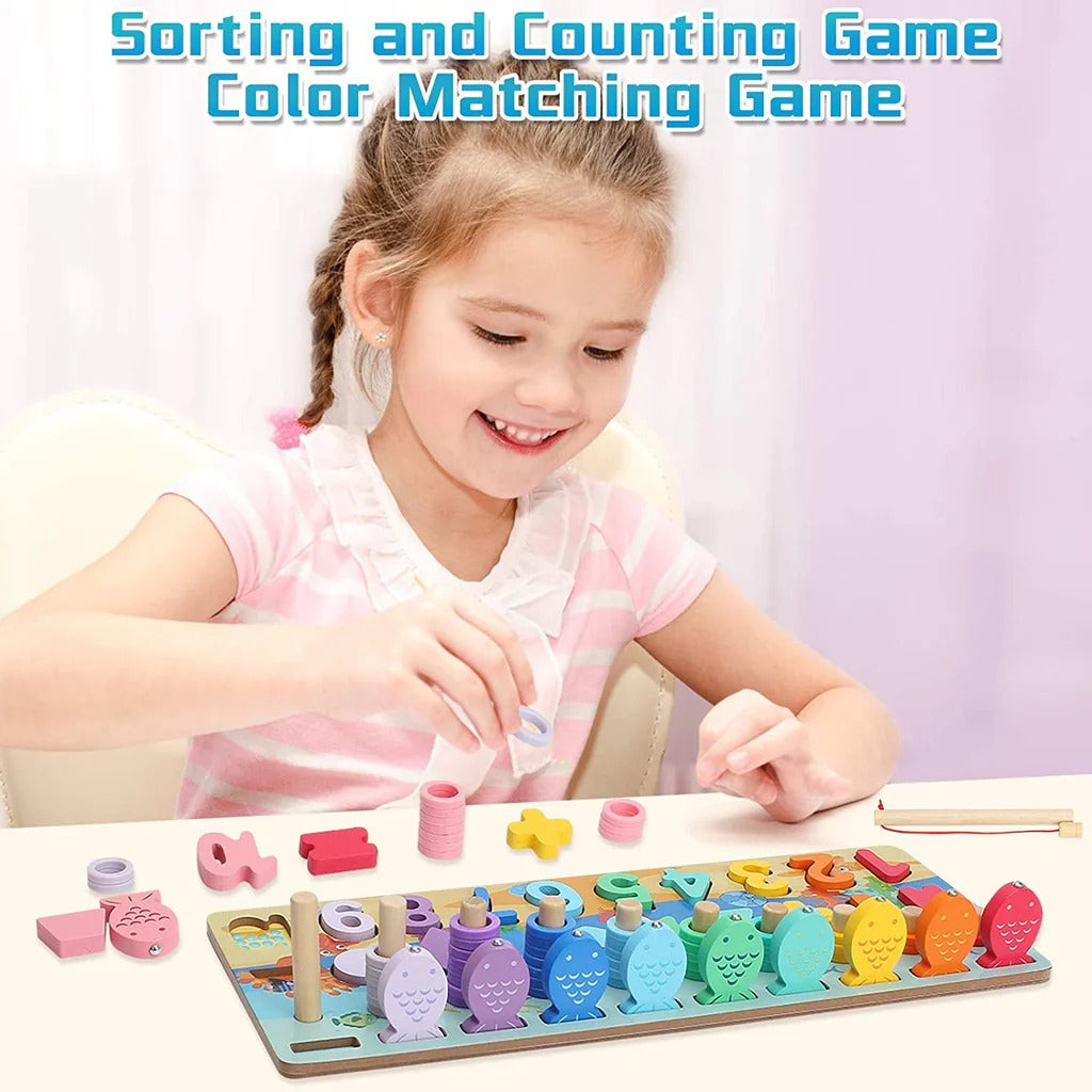 Wooden Montessori Puzzle – Numbers, Letters & Fishing Game
