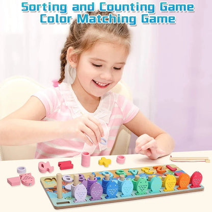Wooden Montessori Puzzle – Numbers, Letters & Fishing Game